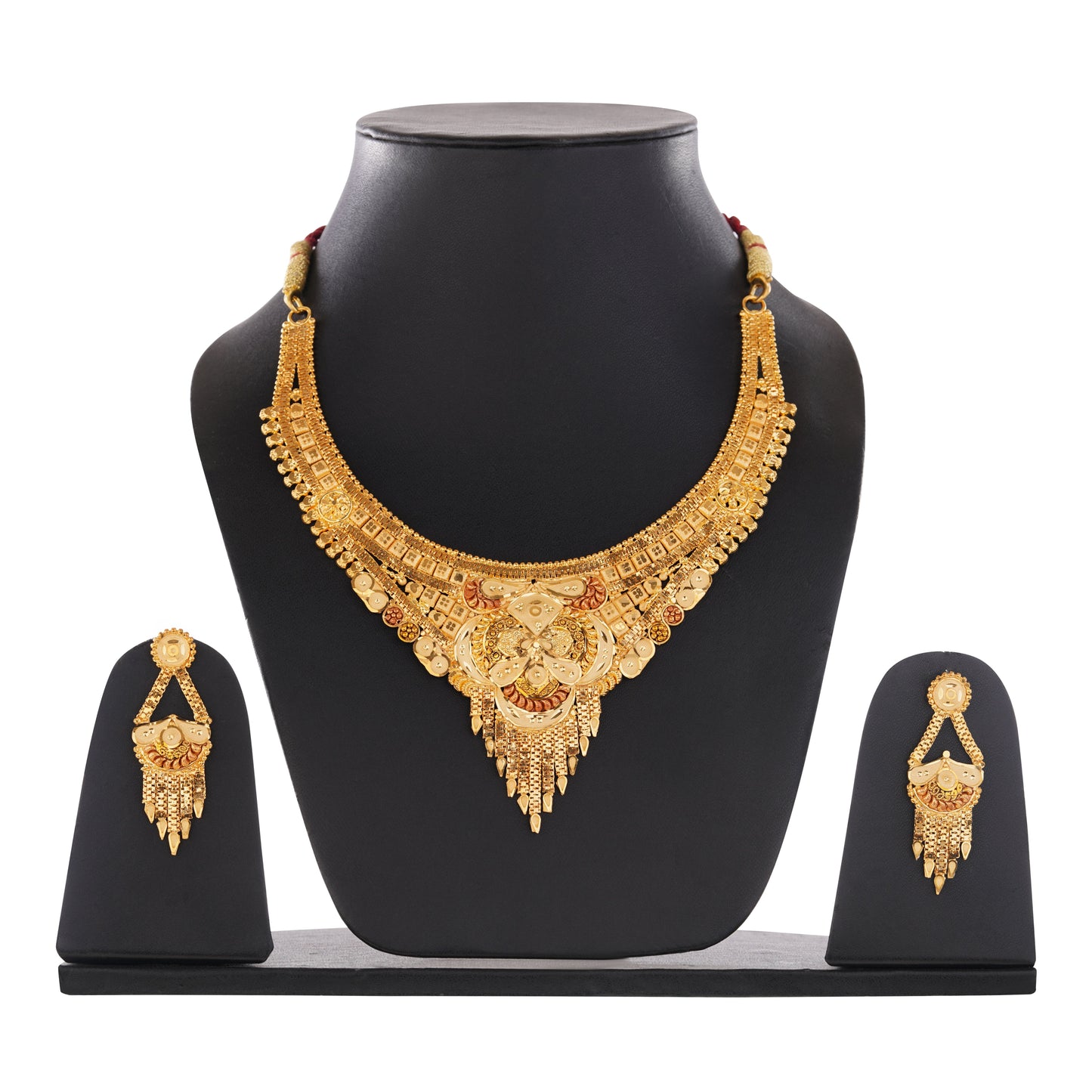 Red String 1Gm Gold Necklace and Earring Set